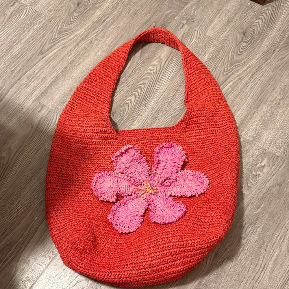 Siedres x Mango Red with Pink Flowrt Straw Crochet Shopping Bag